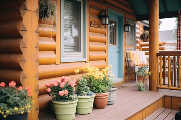 log cabin with flower pots lining porch steps