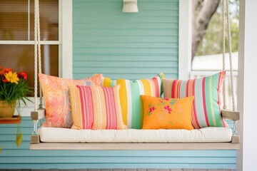 porch with a wooden swing and colorful throw pillows