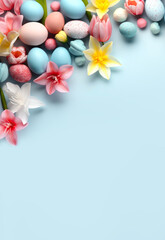Easter poster and banner template with beautiful Easter multi-colored eggs and flowers.Promotion and shopping template for Easter. Beautiful easter promotion card.Top view, flat lay.Space for text