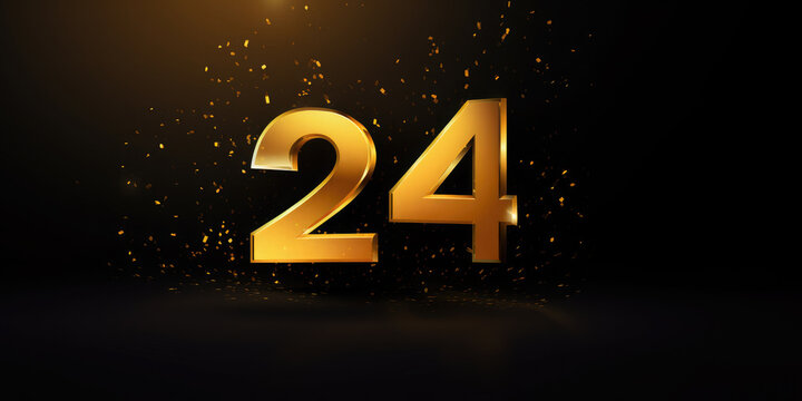 Golden 3D number 24 . Anniversary 24. Poster template for Celebrating 24th anniversary event party. Banner. Copy space