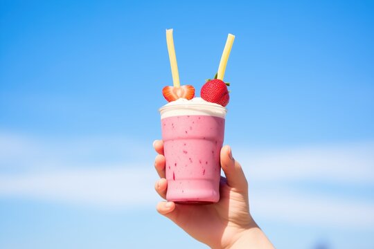 hand holding berry smoothie against blue sky