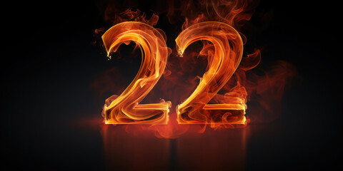Burning golden number 22 with fire on black background.Poster template for Celebrating 22th anniversary event party. Banner. Copy space