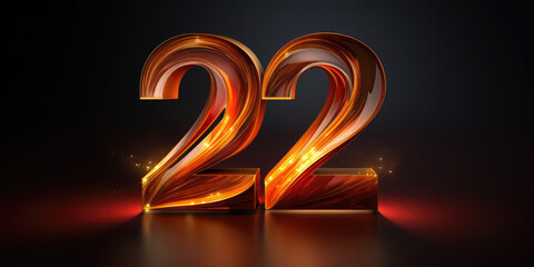Golden 3D number 22. Anniversary 22 on black background Poster template for Celebrating 22th anniversary event party. Banner. Copy space