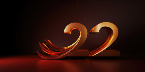 Golden 3D number 22 . Anniversary 22. Poster template for Celebrating 22th anniversary event party. Banner. Copy space