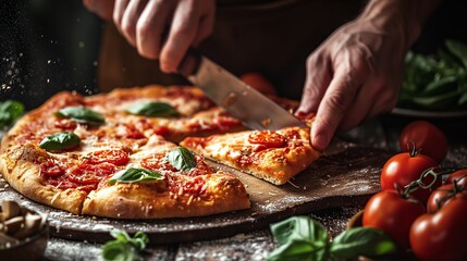 Slicing and Serving hands using a pizza cutter to slice the pizza into equal portions, followed by serving slices