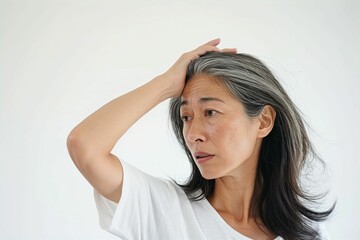 白髪を気にしている日本人女性の写真（白背景・生え際・白髪染め・若返り・グレイヘア）