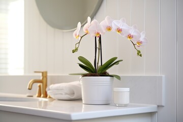 an orchid in a glossy white pot on a bathroom counter