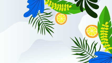 Fototapeta na wymiar Colorful colourful vector abstract summer background with tropical leaves and beach vibes. Vector realistic summer background with vegetation