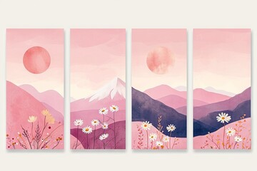 Minimalist abstract colorful clipart print set with mountains, sun, daisies. Softly organic simple lined bold shaped charming tiny core print vector style. Great as web banner, poster design.