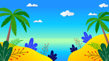 Fototapeta na wymiar Colorful colourful vector abstract summer background with tropical leaves and beach vibes. Vector realistic summer background with vegetation