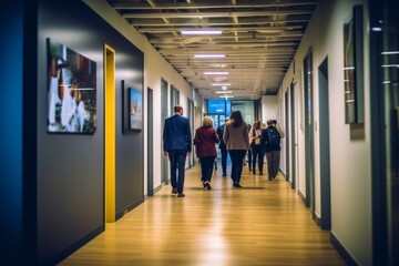 Colleagues talking and collaborating in a professional office corridor, Generative AI