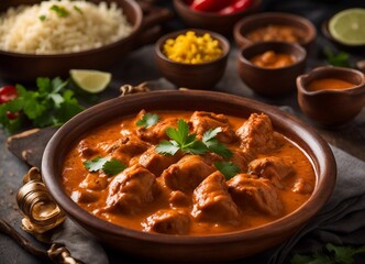 Butter chicken in clay bowl with rice and garnishes