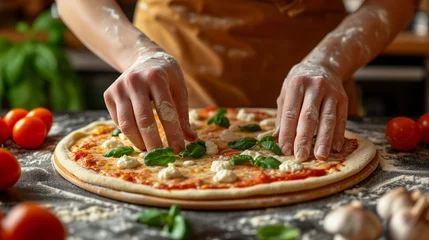 Fotobehang Pizza topping arrangement, with close-ups of hands placing ingredients strategically, creating an appealing and balanced composition. © CraftyImago