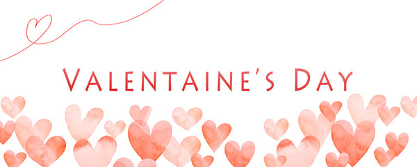 バレンタインデー ハッピーバレンタイン　ハートの水彩で描かれた背景素材　可愛い水彩ハート　バナー - obrazy, fototapety, plakaty