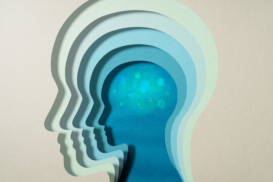 Mental, mind and brain concept. Psychology and subconscious. Stacked person head silhouettes. Abstract painting.