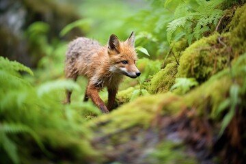red fox sneaking through a dense forest underbrush