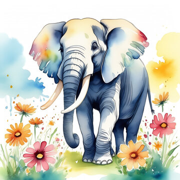 Watercolor elephant with flowers isolated on white background. Sunny image for postcard, greeting or invitation card and etc. Ai generated illustration.