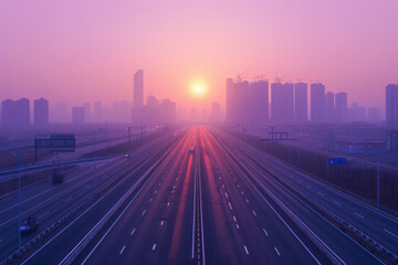 A highway with the sun behind a skyline.