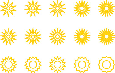 Vector cartoon yellow sun. Shining light rays. Summer Isolated vector illustration.