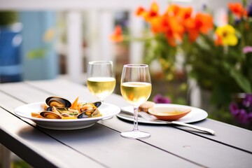 outdoor table with bouillabaisse serving and white wine