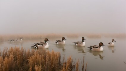 A group of Northern pintails flies through fog at National Wildlife Refuge.