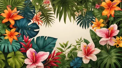 Selbstklebende Fototapeten Border with tropical jungle plants flower © New generate