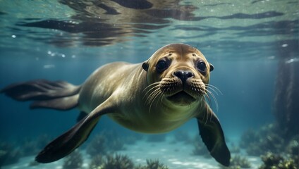 Funny sea lion swimming underwater in the ocean. Animal theme.