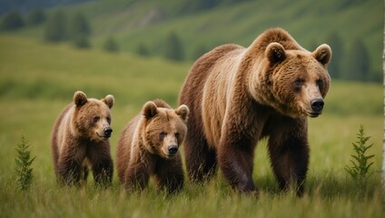 Brown bear, ursus arctos, mother with two cubs on green meadow