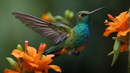 Fototapeta premium Hummingbird Long-tailed Sylph, Aglaiocercus kingi with orange flower