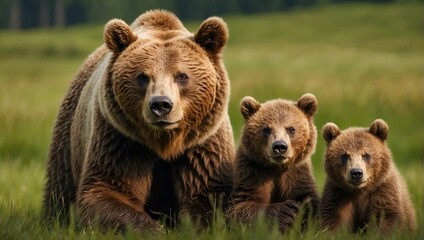 Fototapeta premium Brown bear, ursus arctos, mother with two cubs on green meadow