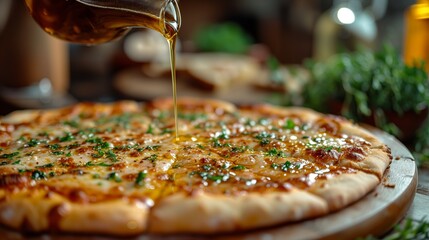 Culinary and Process Imagery Drizzle of olive oil being poured over the pizza - obrazy, fototapety, plakaty