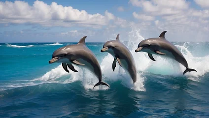 Schilderijen op glas Playful dolphins jumping over breaking waves. Hawaii Pacific Ocean wildlife scenery. Marine animals in natural habitat. © New generate