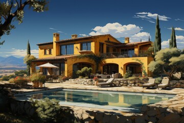 Mediterranean Villa Sketch, on an isolated Tuscan Yellow background, Generative AI