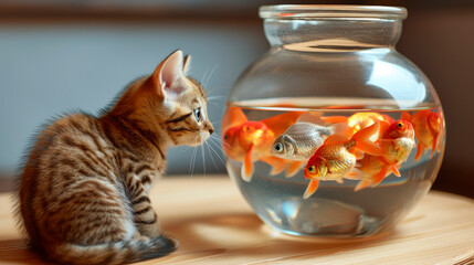 Goldfishes in an aquarium and a adorable cat looking at them.