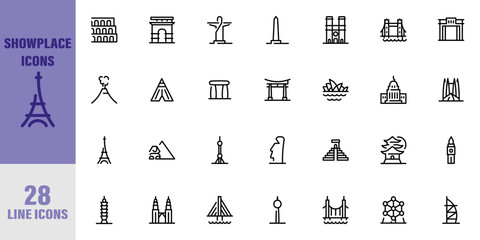 Showplace Icon Set. 28 Places and Landmarks of the World Pixel Perfect Icons (Line Style). Vector icons of famous places and buildings around the world. Vector Illustration. Vector Graphic. EPS 10