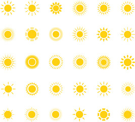 Vector cartoon yellow sun. Shining light rays. Summer Isolated vector illustration.