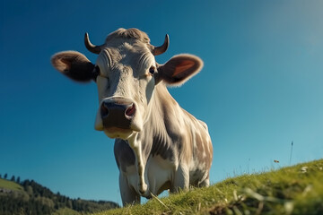 Low Angle View Of A Cow Against Blue Sky And Green Meadow - Generative AI