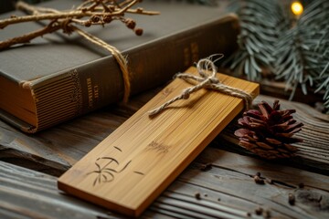bookmark is placed against the backdrop of a bonsai tree trunk and surrounded by lush green foliage