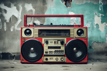 Vintage boombox tower on a painted wall background.