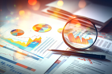 Concept of business audit stock financial finance management on analysis data , close up of statistic graphs and magnifying glass on table - obrazy, fototapety, plakaty