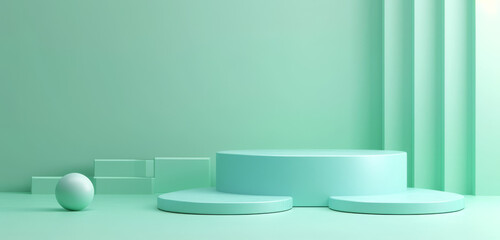 A contemporary green mint room with colourful geometric shapes for showcasing a product.