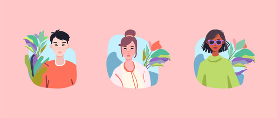 Naklejka premium Avatars. Guy and girls. Cute character with plants. Cartoon style. Vector illustration.