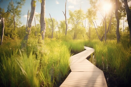 a boardwalk trail winding through a lush wetland reserve