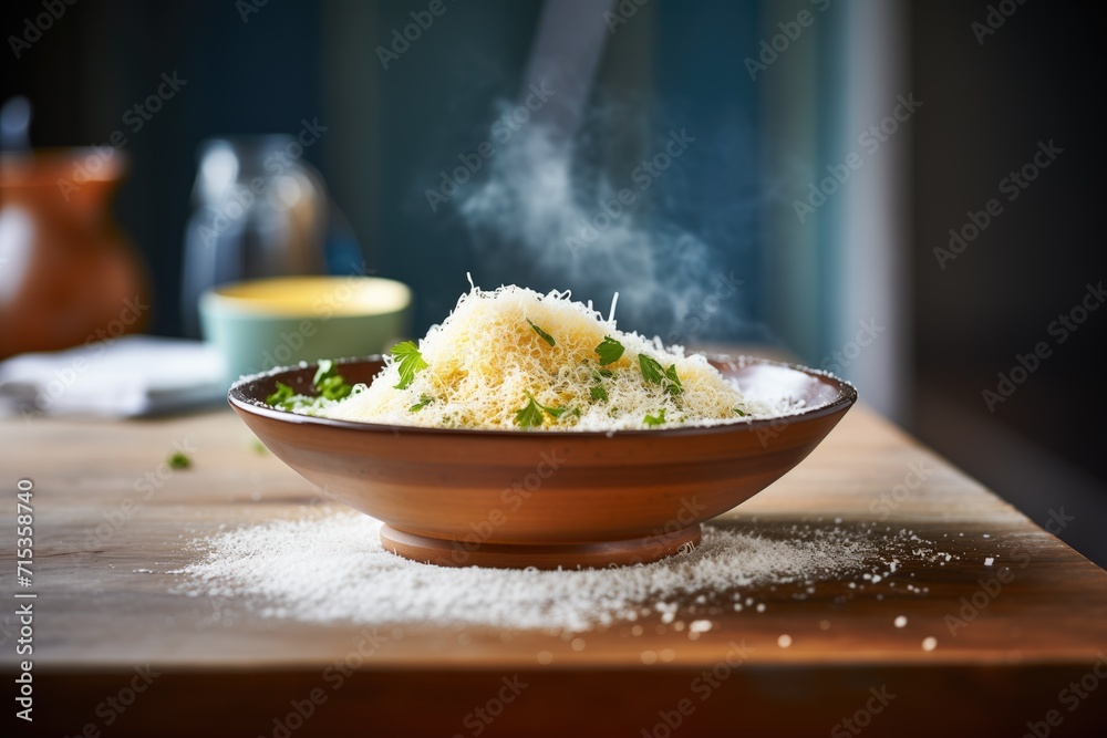 Sticker grated aged parmesan over a steaming bowl of pasta