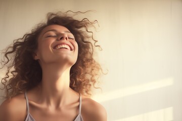 Radiant joy: Independent woman, high-key style, beaming with happiness and confidence in a captivating portrait.