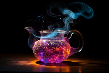 Steamy psychedelic teapot: a burst of vibrant hues in a captivating dark ambiance.