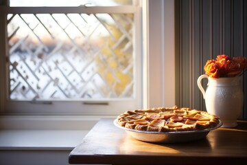 Fototapeta na wymiar lattice-topped apple pie beside a window with daylight