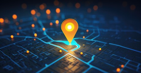 A glowing geolocation marker on a map of a nighttime city