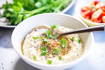 baba ganoush in a white bowl with a spoon, sesame seeds sprinkled on top