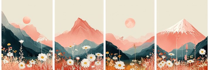 Minimalist abstract colorful clipart print set with mountains, sun, daisies. Softly organic simple lined bold shaped charming tiny core print vector style. Great as web banner, poster design. - obrazy, fototapety, plakaty